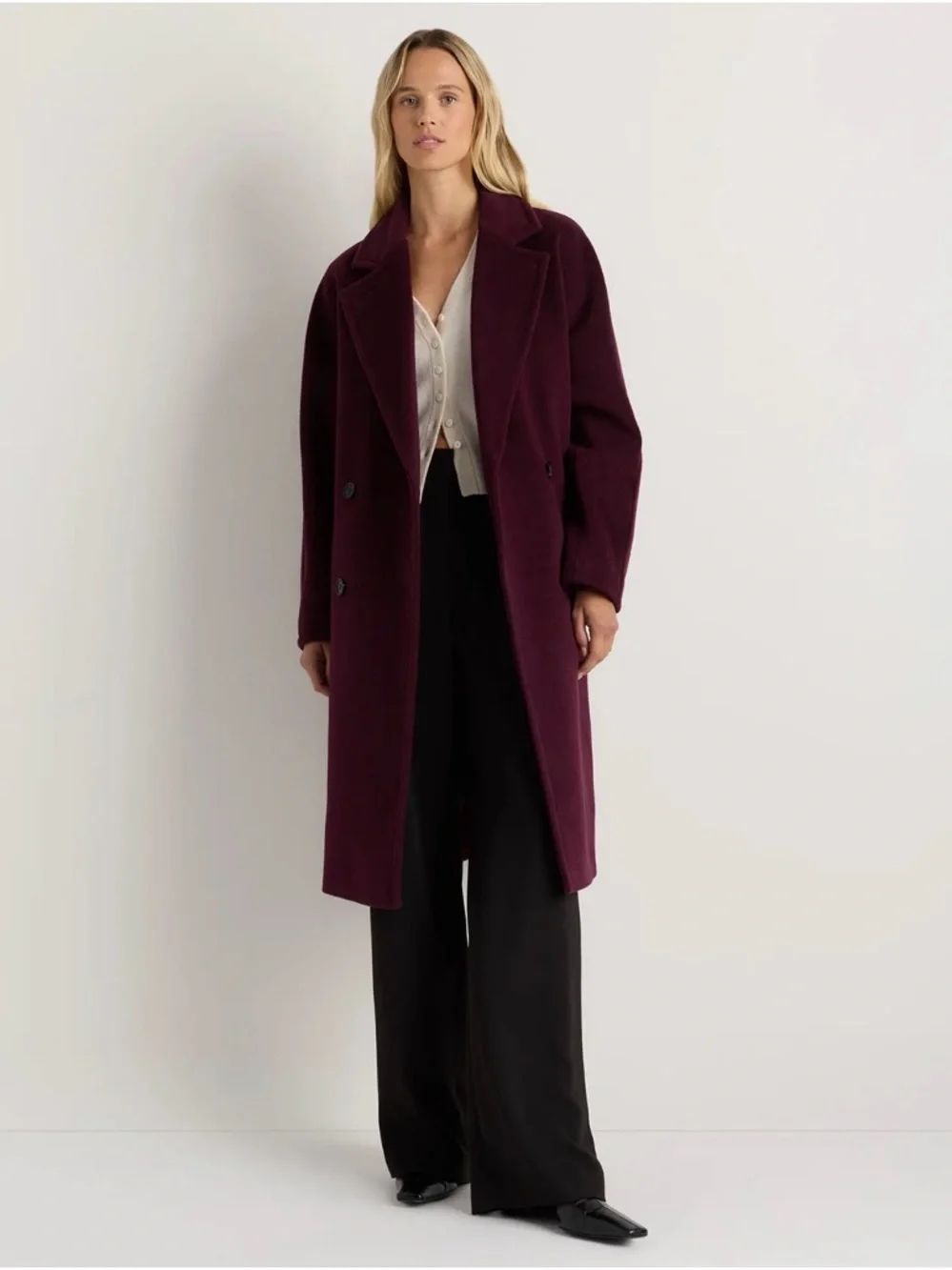 Quince Wool and Cashmere Double-Breasted Slouch Coat in Wine tasting Red Small - Picture 2 of 5